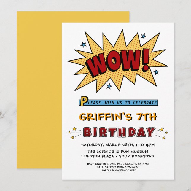 Comic Book 7TH or Any Birthday Party Invitation (Front/Back)