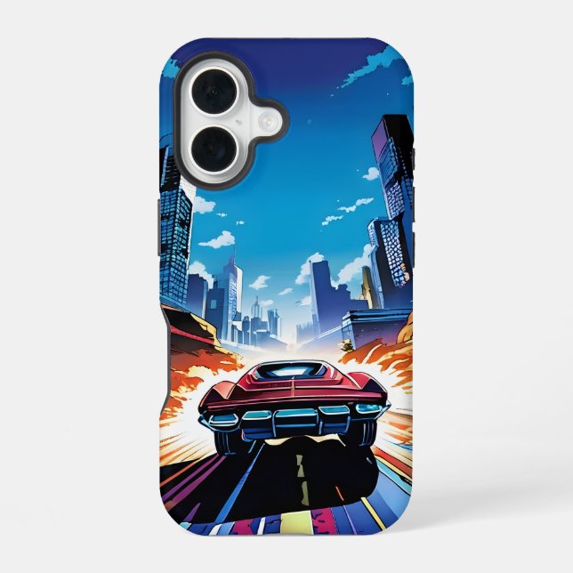 Comic Book Car Going Fast iPhone 16 Case (Back)
