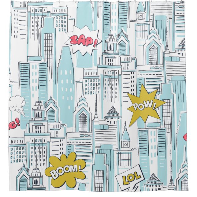 Comic book city: vintage pattern shower curtain (Front)