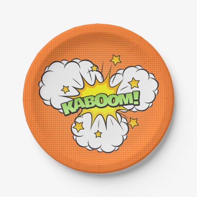 Comic Book KABOOM! on a orange background Paper Plate (Front)