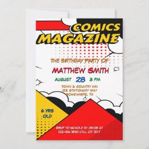 Comic Book Magazine Style Kids Birthday Party  Invitation