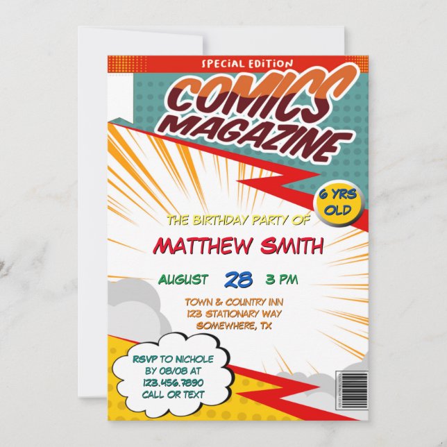 Comic Book Magazine Style Kids Birthday Party  Invitation (Front)