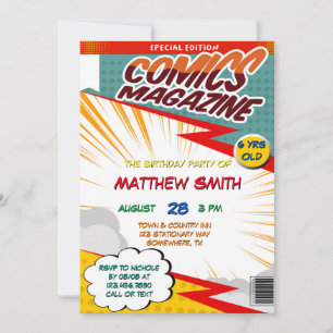 Comic Book Magazine Style Kids Birthday Party  Invitation