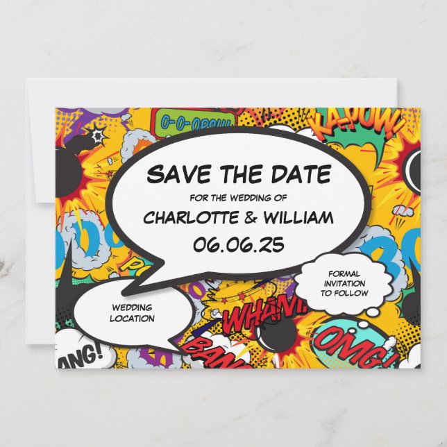 Comic Book Modern Fun Wedding Save The Date (Front)