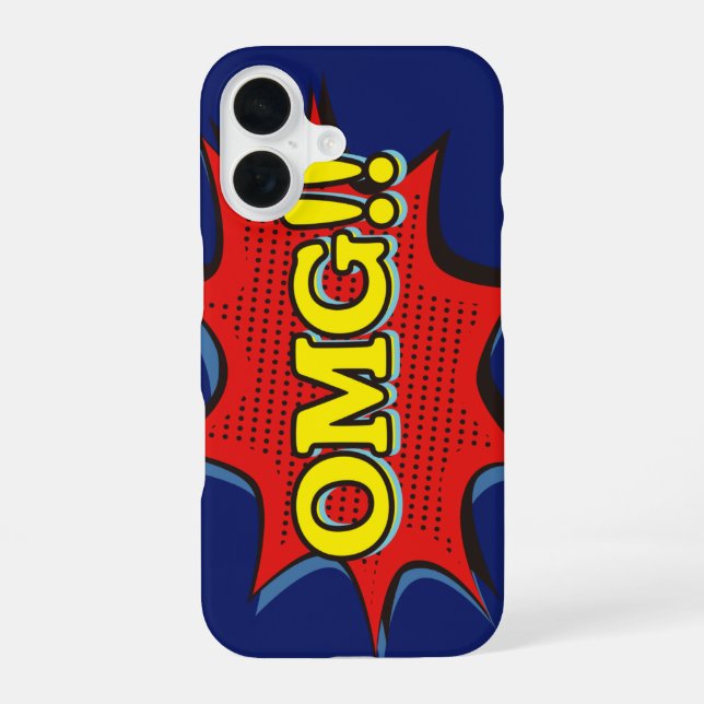 Comic Book OMG Exclamation Speech Bubble Blue iPhone 16 Case (Back)