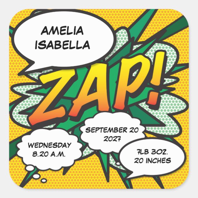 Comic Book Pop Art Birth Stats Personalised Square Sticker (Front)