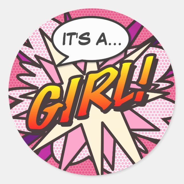 Comic Book Pop Art IT'S A GIRL Gender Reveal Classic Round Sticker (Front)
