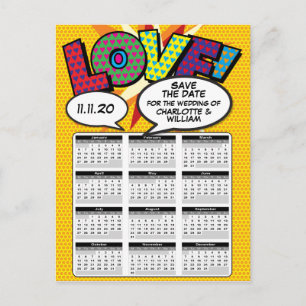 Comic Book Pop Art Save the Date 2020 Calendar Announcement Postcard