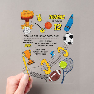 Comic Book Retro Sports Athletic Balls Birthday Acrylic Invitations