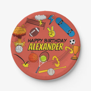 Comic Book Retro Sports Athletic Balls Birthday Paper Plate