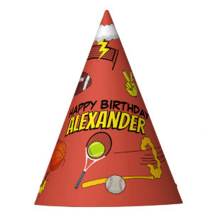 Comic Book Retro Sports Athletic Balls Birthday Party Hat