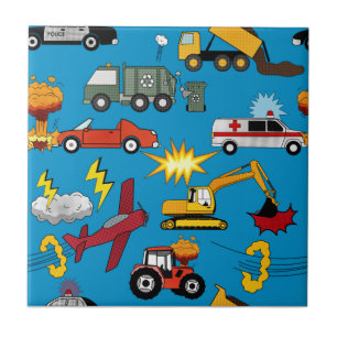 Comic Book Retro Trucks Cars Vehicles Aeroplanes Tile