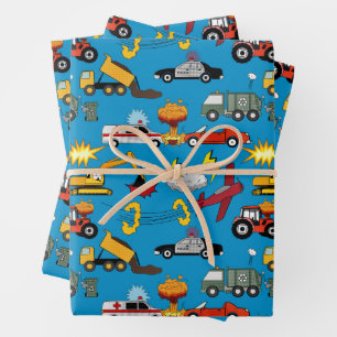 Comic Book Retro Trucks Cars Vehicles Aeroplanes Wrapping Paper Sheet