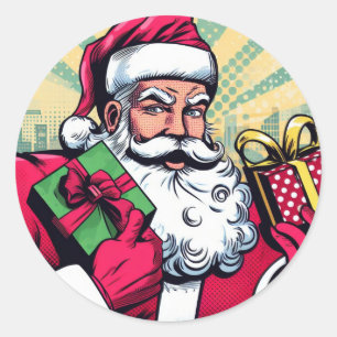 Comic book Santa/Christmas Classic Round Sticker