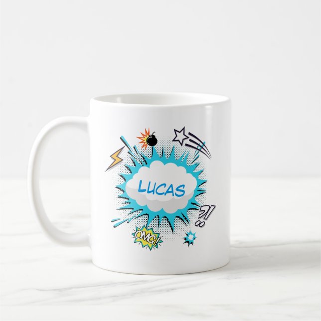 Comic Book Style Colourful Custom Name Coffee Mug (Left)