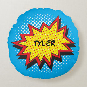 Comic Book Style Colourful Custom Name Round Cushion