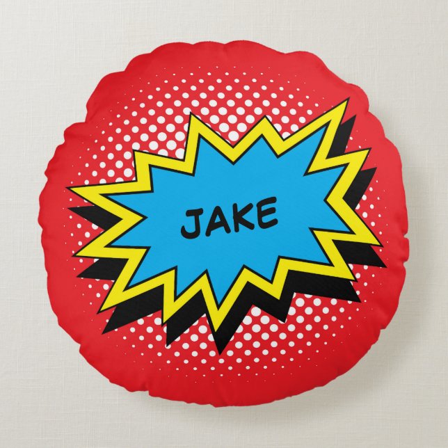 Comic Book Style Colourful Custom Name Round Cushion (Front)