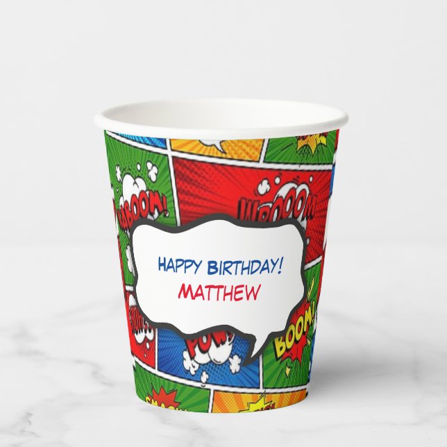 Comic Book Style Kids Birthday Party Paper Cups (Front)