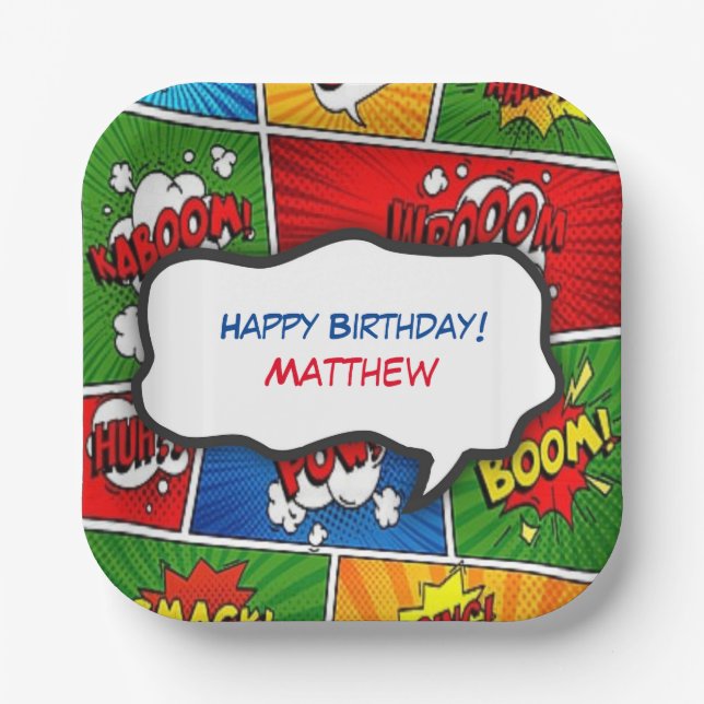 Comic Book Style Kids Birthday Party Paper Plate (Front)