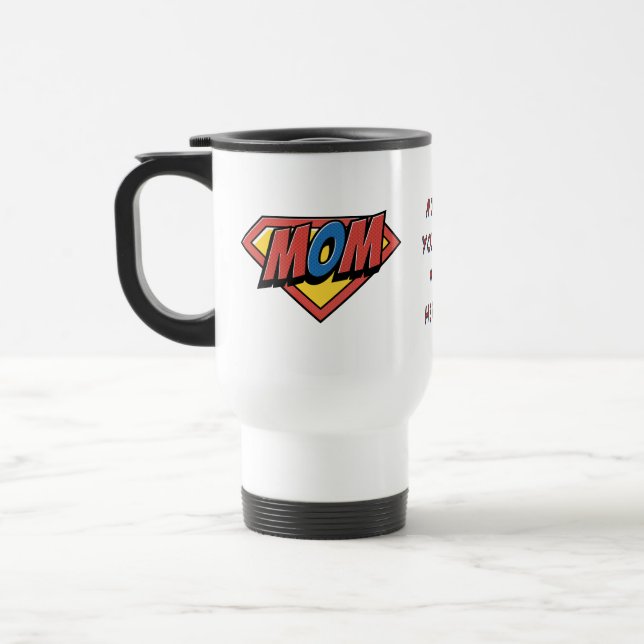 Comic Book Style Mum Personalised Travel Mug (Left)