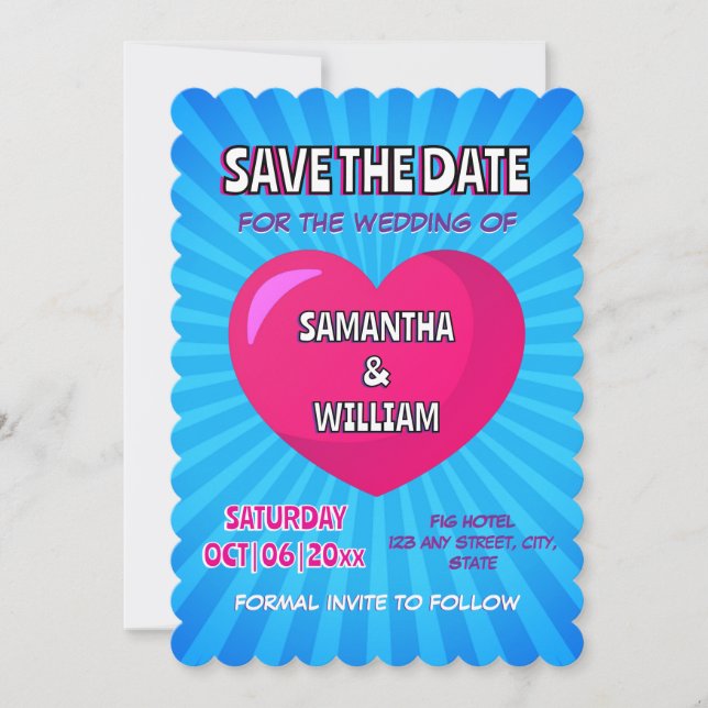 Comic book style personalised save the date  invitation (Front)