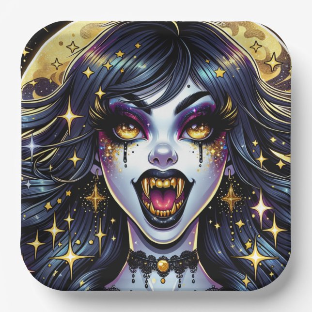 Comic Book Style Vampire Halloween Party  Paper Plate (Front)