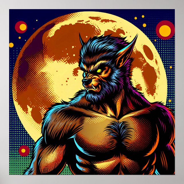 Comic Book Style Werewolf in Front of Full Moon Poster (Front)