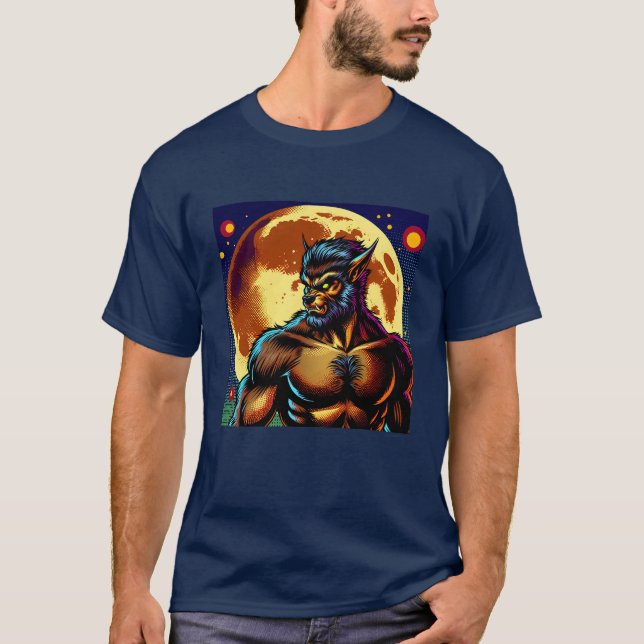 Comic Book Style Werewolf in Front of Full Moon T-Shirt (Front)