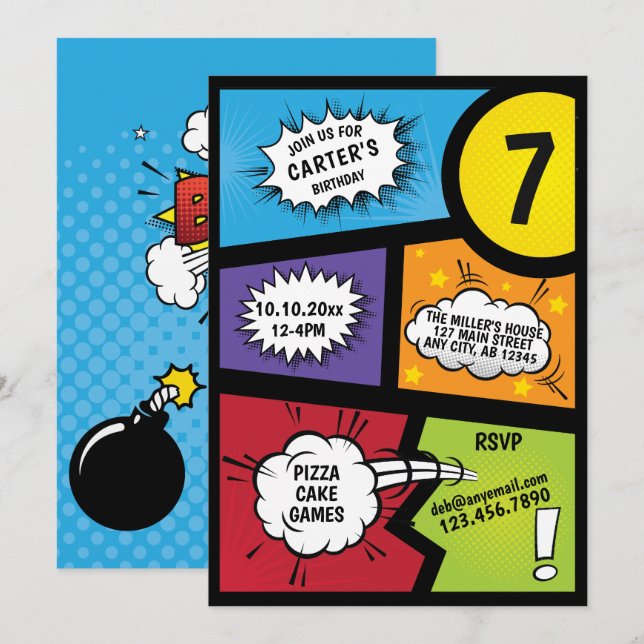 Comic Book Super Hero Birthday Invitation (Front/Back)