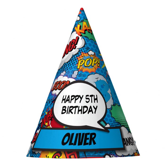 Comic Book Superhero Birthday Blue Party Hat | Zazzle.co.uk