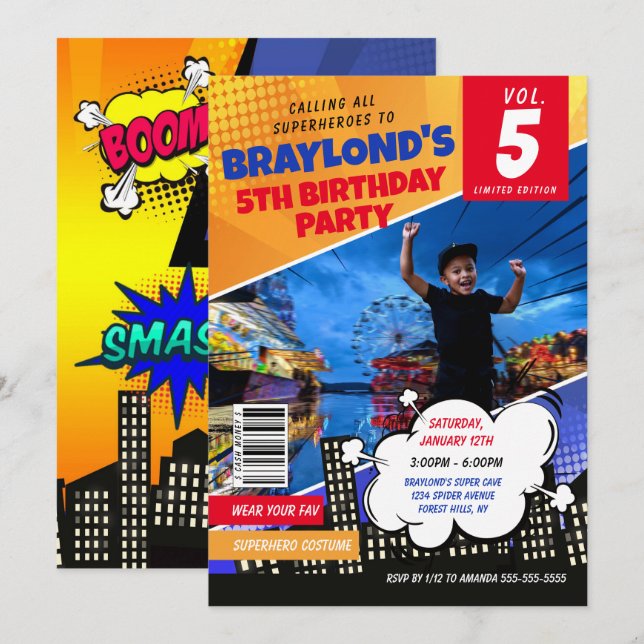 Comic Book Superhero Birthday Invitation (Front/Back)