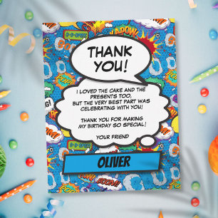 Comic Book Superhero Birthday Party Blue Thank You