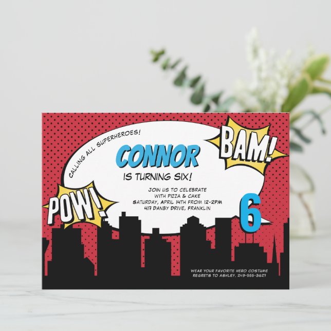 Comic Book Superhero Birthday Party Invitation (Standing Front)