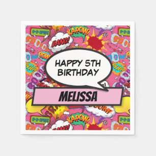 Comic Book Superhero Birthday Party Pink Napkin