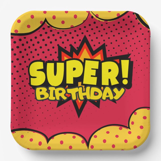 Comic book superhero boy birthday  paper plate (Front)