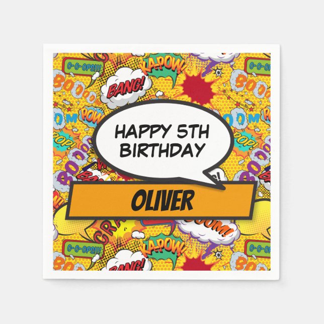 Comic Book Superhero Custom Birthday Party Napkin (Front)