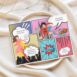 Comic book superhero girl baby shower invitation