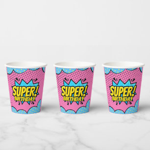 Comic book superhero girl birthday paper cups