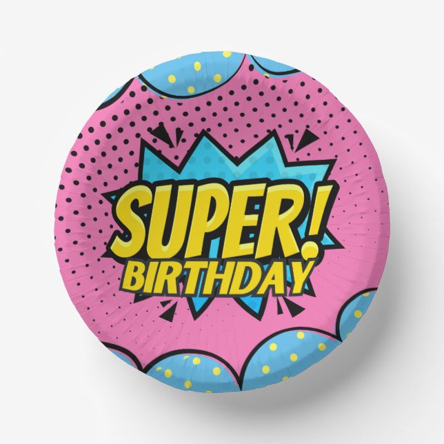 Comic book superhero girl birthday  paper plate (Front)