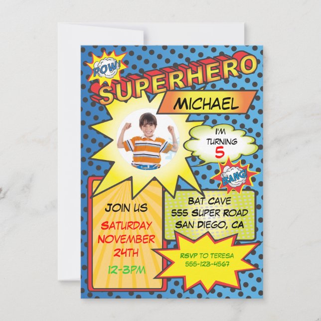 Comic Book Superhero Photo Insert Birthday Party Invitation (Front)