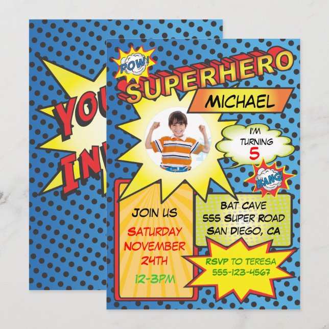 Comic Book Superhero Photo Insert Birthday Party Invitation (Front/Back)