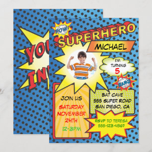 Comic Book Superhero Photo Insert Birthday Party Invitation