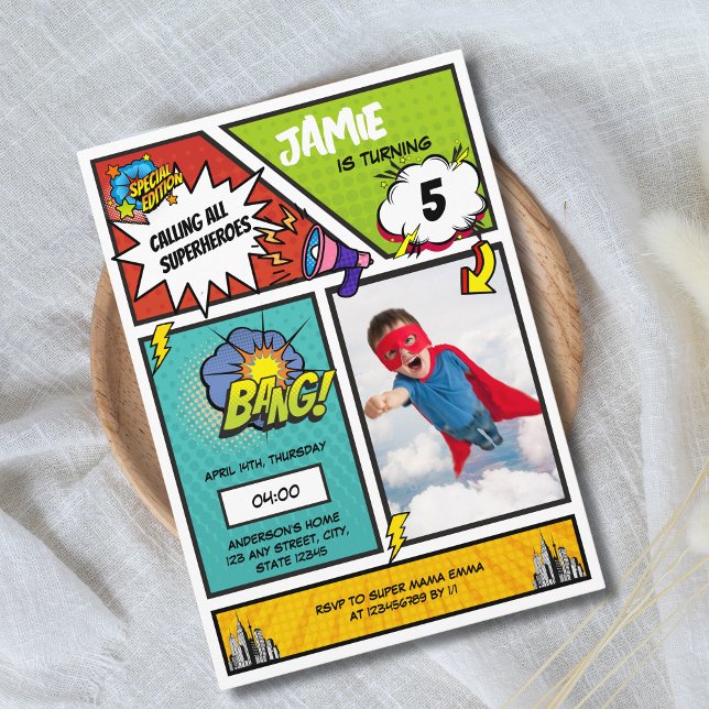 Comic Book Superhero Unique Boy's Photo Birthday  Invitation (Superhero Comic Book Photo Boy's birthday invitation)