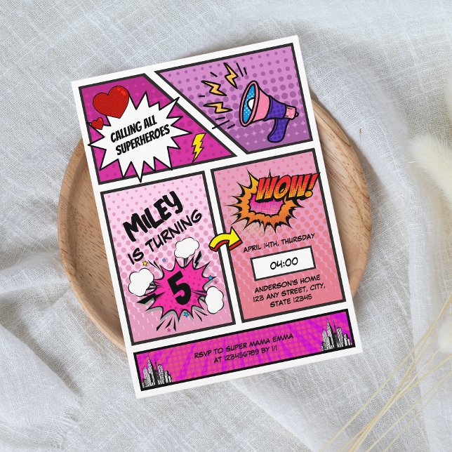 Comic Book Superhero Unique Girl's Birthday  Invitation (Comic book Superhero Girl's birthday invitation)