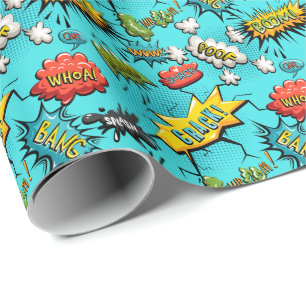 Comic Book Theme Teal Wrapping Paper