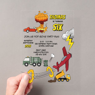 Comic Book Trucks Cars Vehicles Aeroplanes Birthda Acrylic Invitations