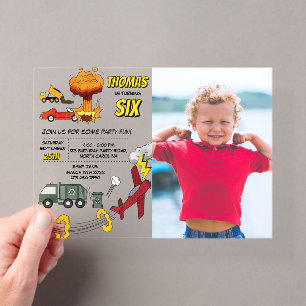 Comic Book Trucks Cars Vehicles Aeroplanes Birthda Acrylic Invitations