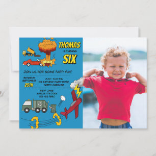 Comic Book Trucks Cars Vehicles Aeroplanes Birthda Invitation