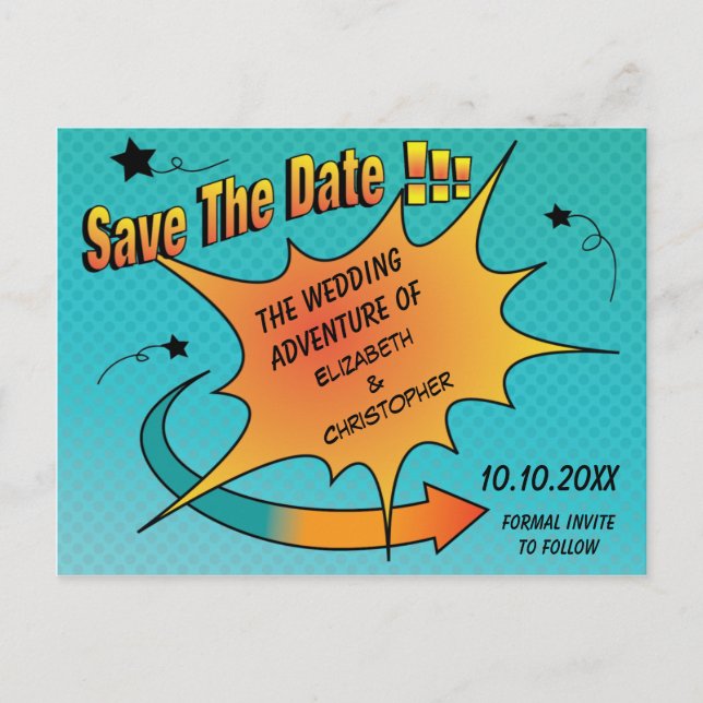 Comic Book Wedding Save The Date Announcement Postcard (Front)