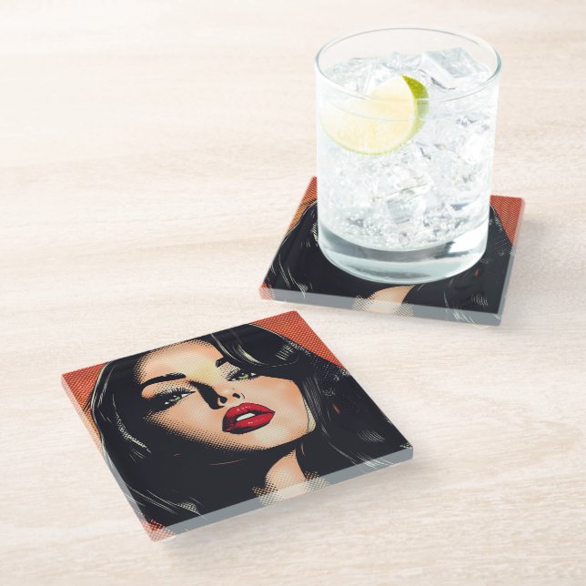 Comic Book Woman Green Eyes Retro Ben-Day Dots Glass Coaster (Angled)